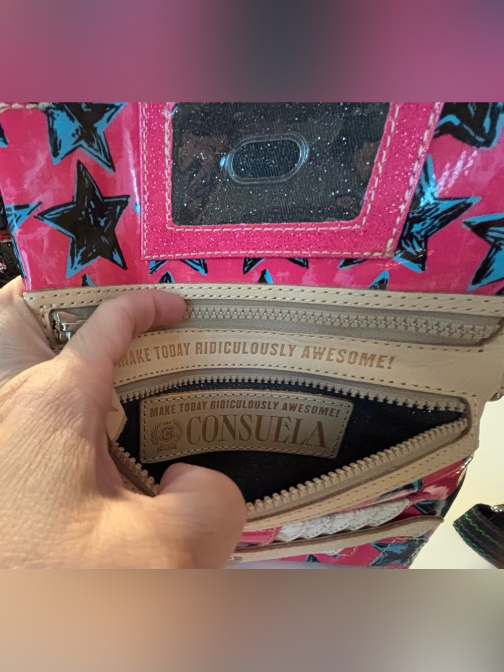 Consuela Pink Crossbody with Blue and Black Stars - Picture 6 of 7